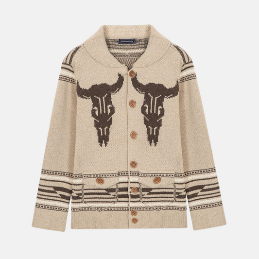 Men’s Coat – Wool Blend Knit – Shawl Collar – Western Motif – Patch Pockets 0