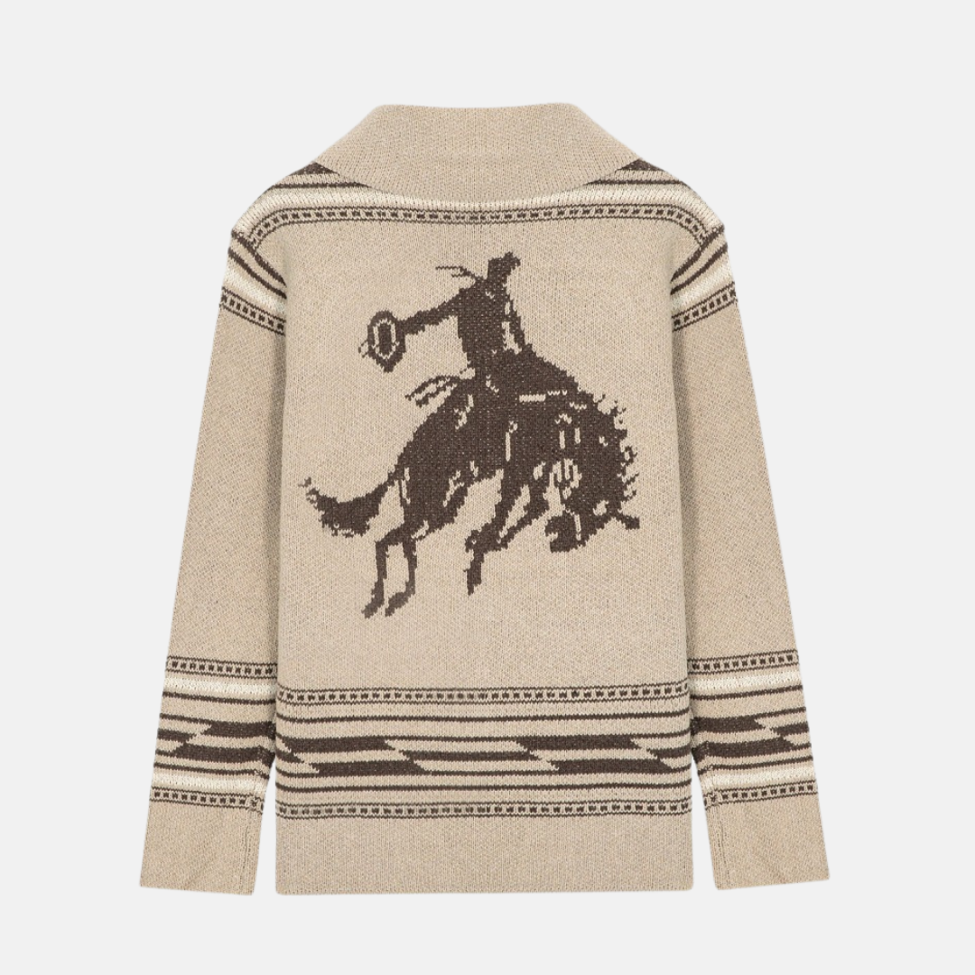 Men’s Coat – Wool Blend Knit – Shawl Collar – Western Motif – Patch Pockets 1