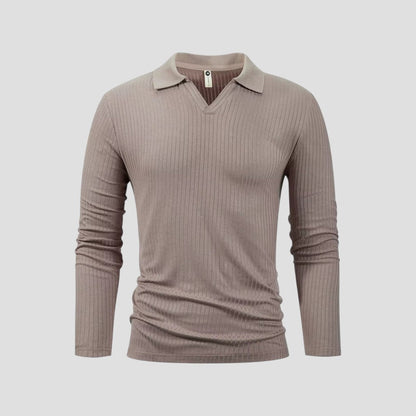 Men's Cotton Long Sleeve Polo Shirt Slim Fit V-Neck Ribbed Top