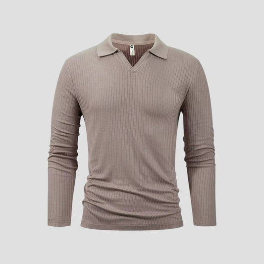 Men's Cotton Long Sleeve Polo Shirt Slim Fit V-Neck Ribbed Top