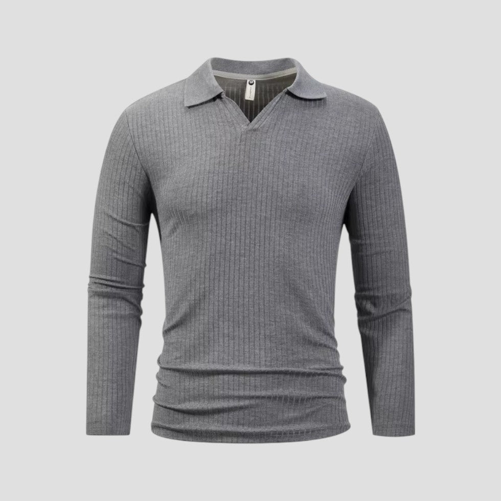Men's Cotton Long Sleeve Polo Shirt Slim Fit V-Neck Ribbed Top