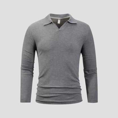 Men's Cotton Long Sleeve Polo Shirt Slim Fit V-Neck Ribbed Top