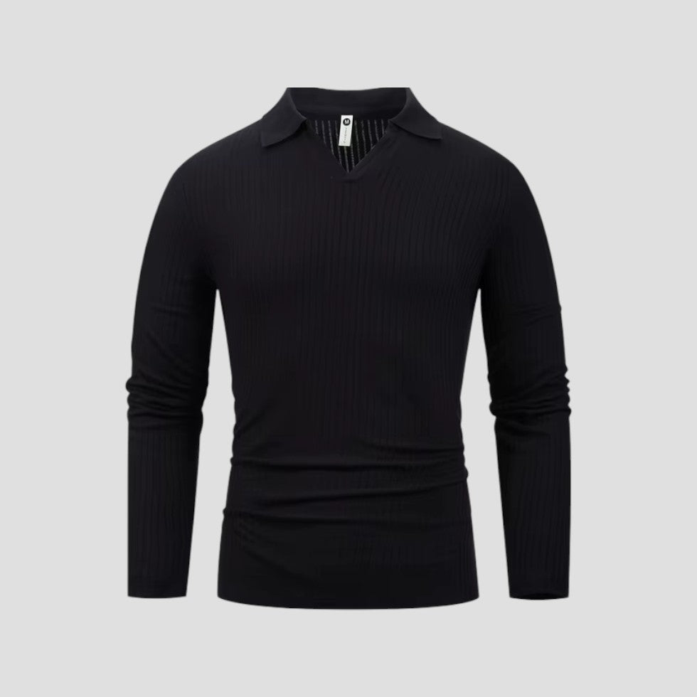 Men's Cotton Long Sleeve Polo Shirt Slim Fit V-Neck Ribbed Top