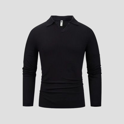 Men's Cotton Long Sleeve Polo Shirt Slim Fit V-Neck Ribbed Top