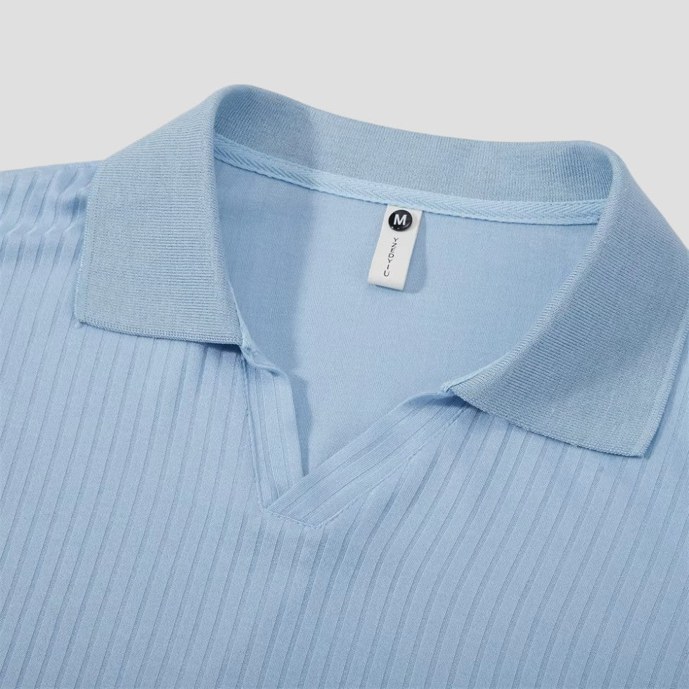 Men's Cotton Long Sleeve Polo Shirt Slim Fit V-Neck Ribbed Top