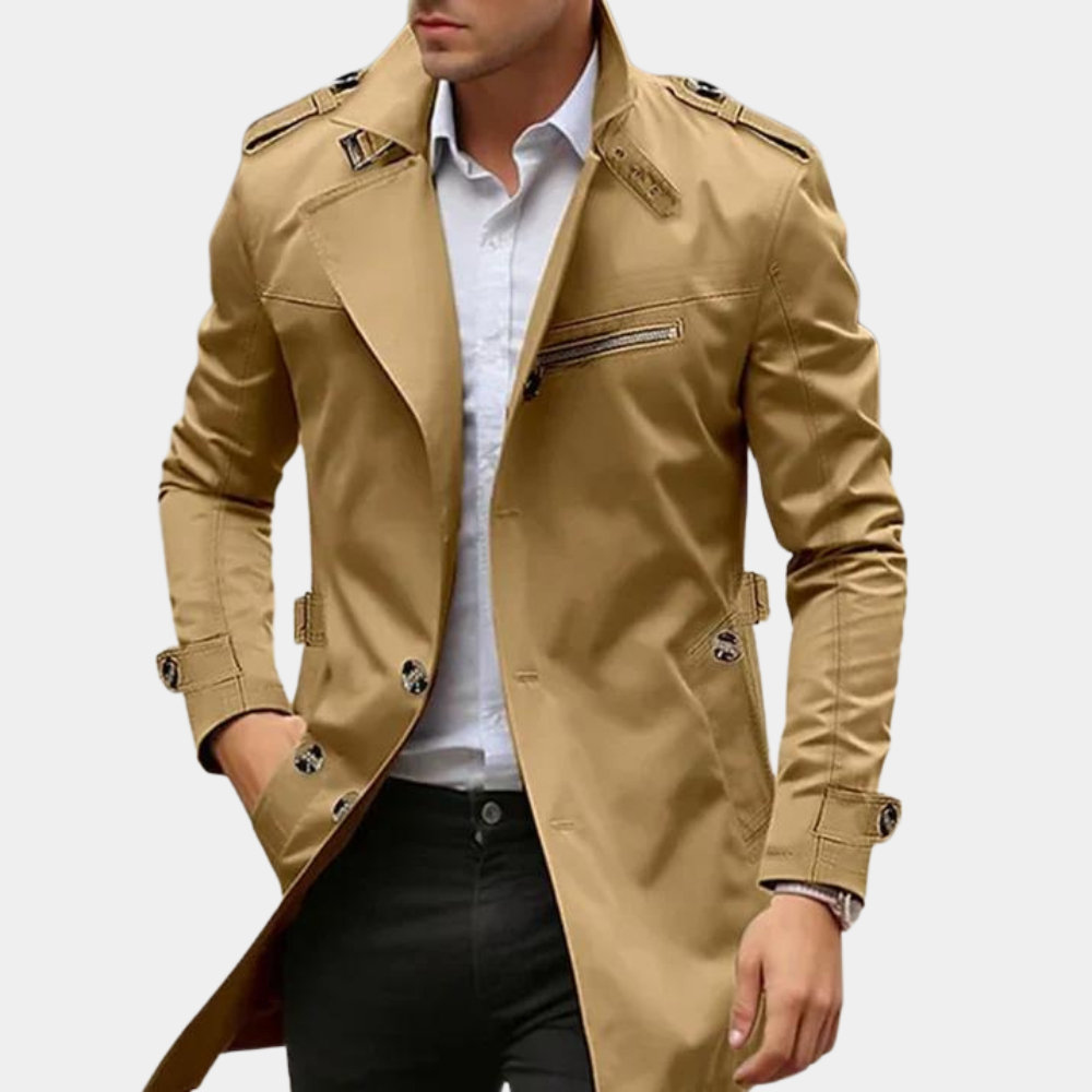 Men’s Double-Breasted Trench Coat – Waterproof, Windproof Longline Jacket 1