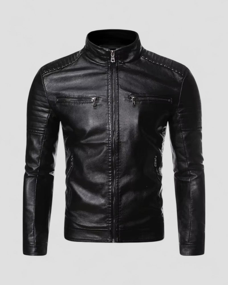 Men's Faux Leather Stand Collar Slim Fit Biker Jacket