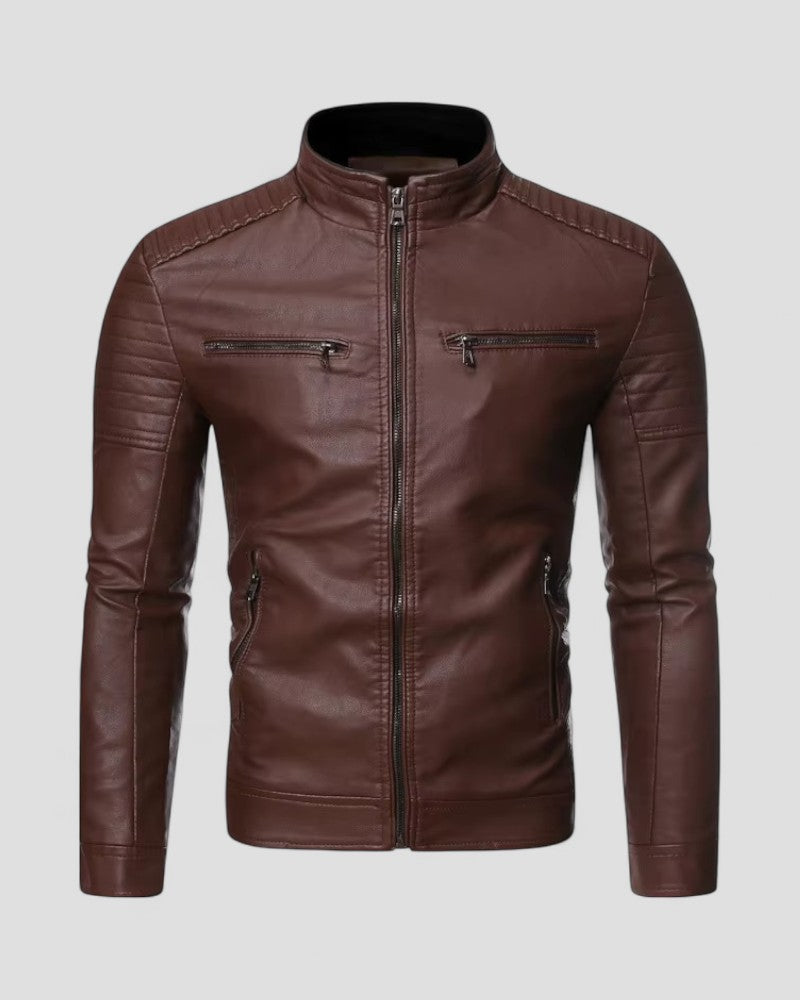 Men's Faux Leather Stand Collar Slim Fit Biker Jacket