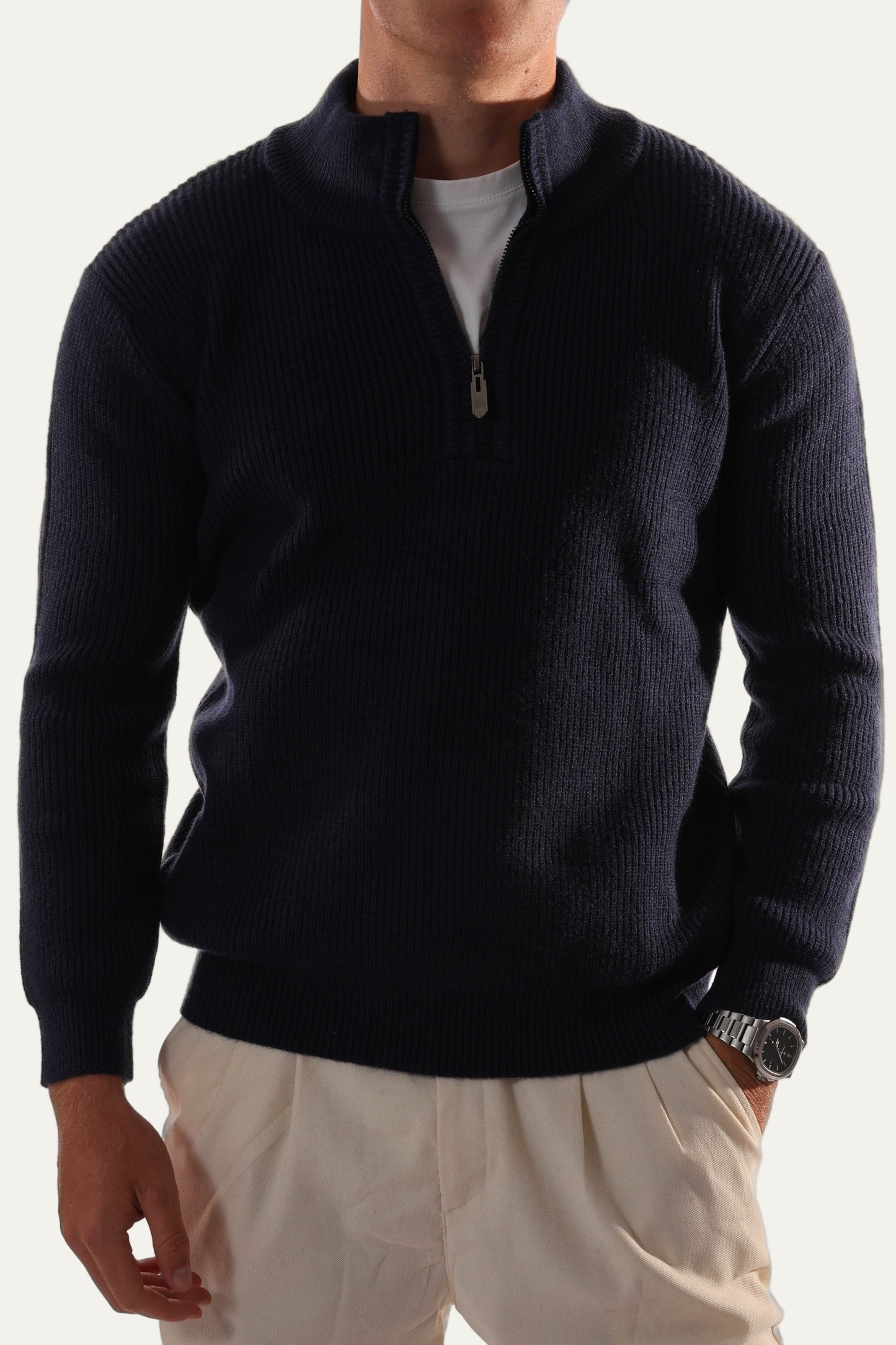Men’s Half Zip Jumper – Knitted, Stand Collar, Rib Trim 0