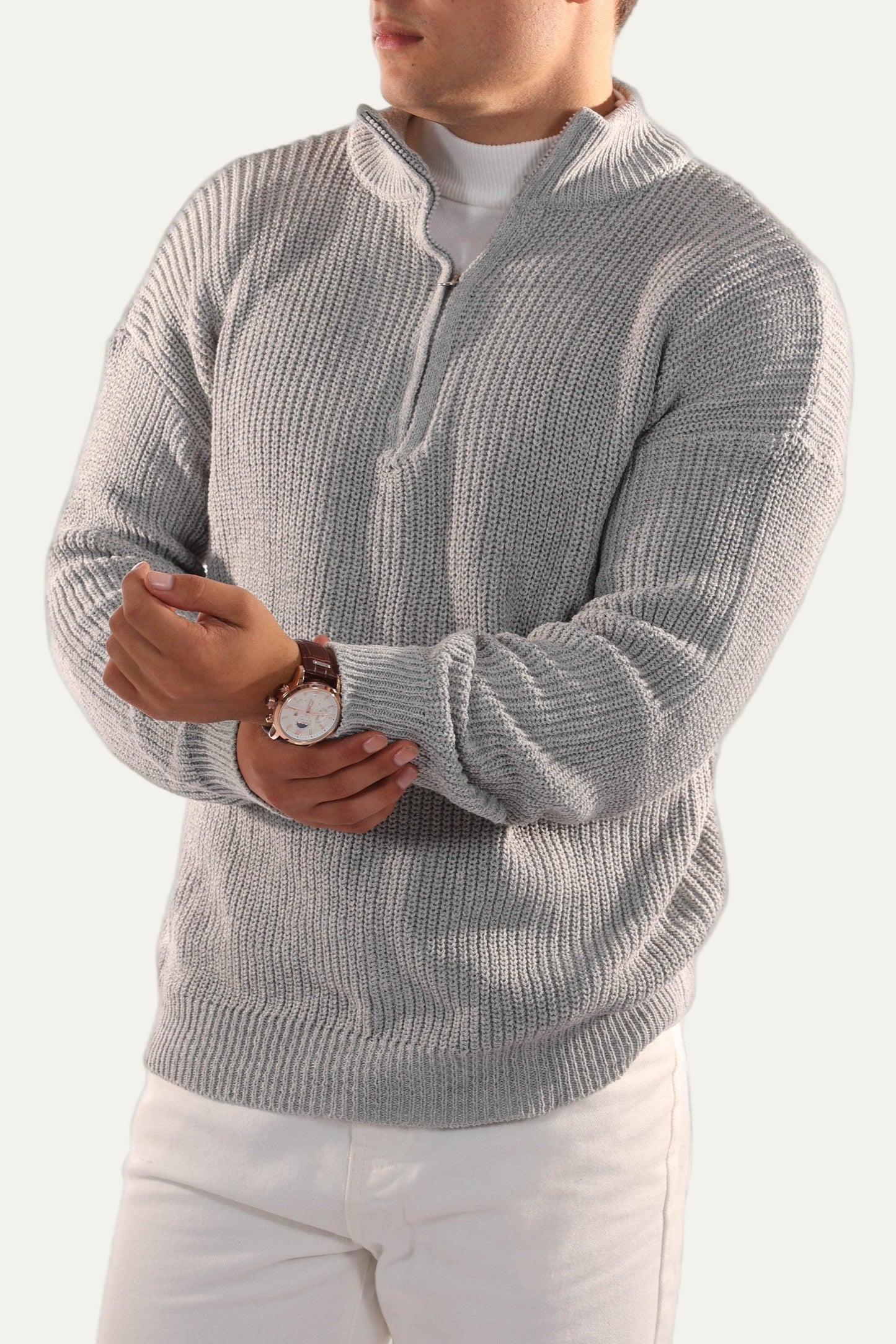 Men’s Half Zip Jumper – Knitted, Stand Collar, Rib Trim 4