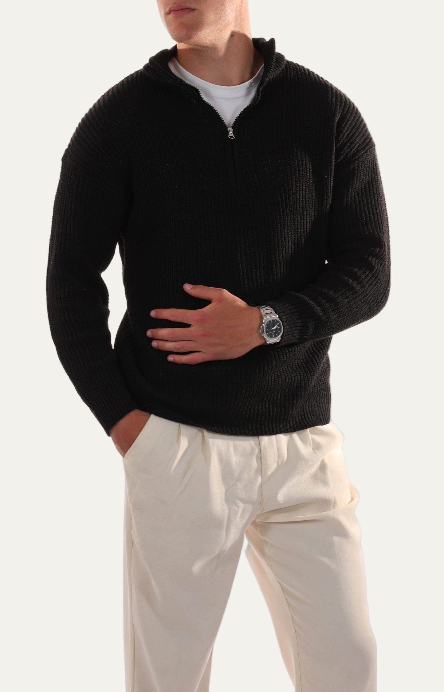 Men’s Half Zip Jumper – Knitted, Stand Collar, Rib Trim 6