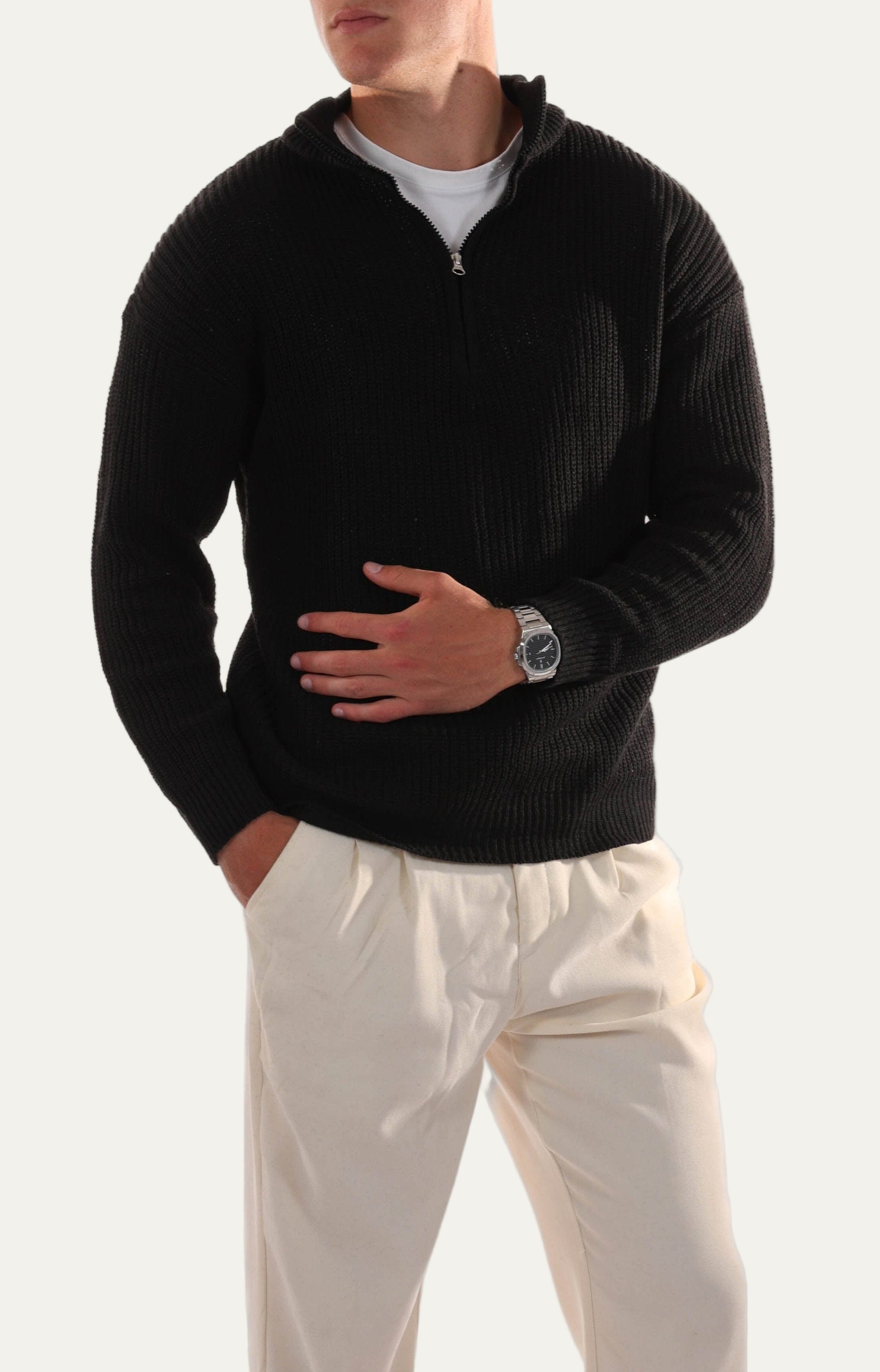 Men’s Half Zip Jumper – Knitted, Stand Collar, Rib Trim 6