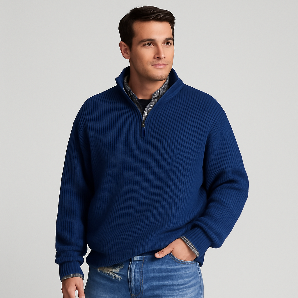 Men’s Half Zip Sweater – Ribbed And Stand Collar Style 0