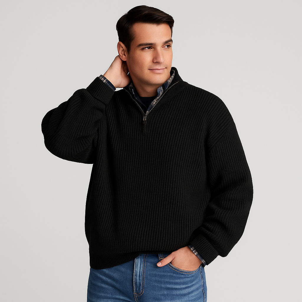Men’s Half Zip Sweater – Ribbed And Stand Collar Style 1