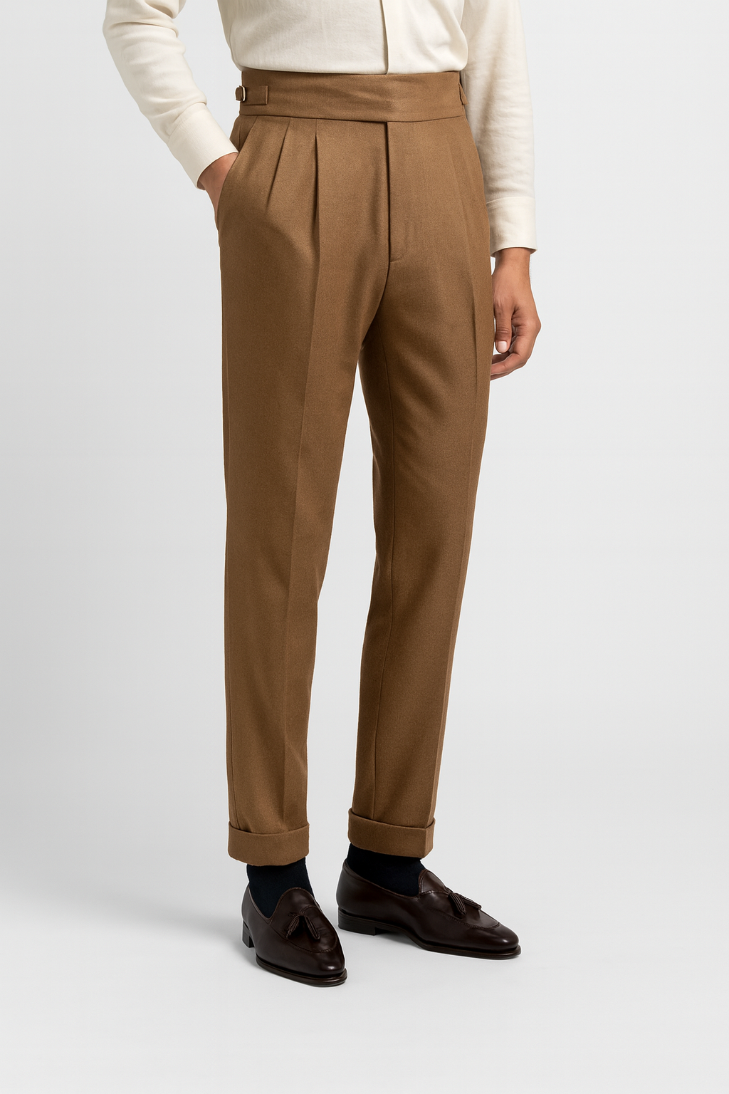 Men’s High-Waisted Pleated Trousers – Side Adjusters, Cuffed Hem 1