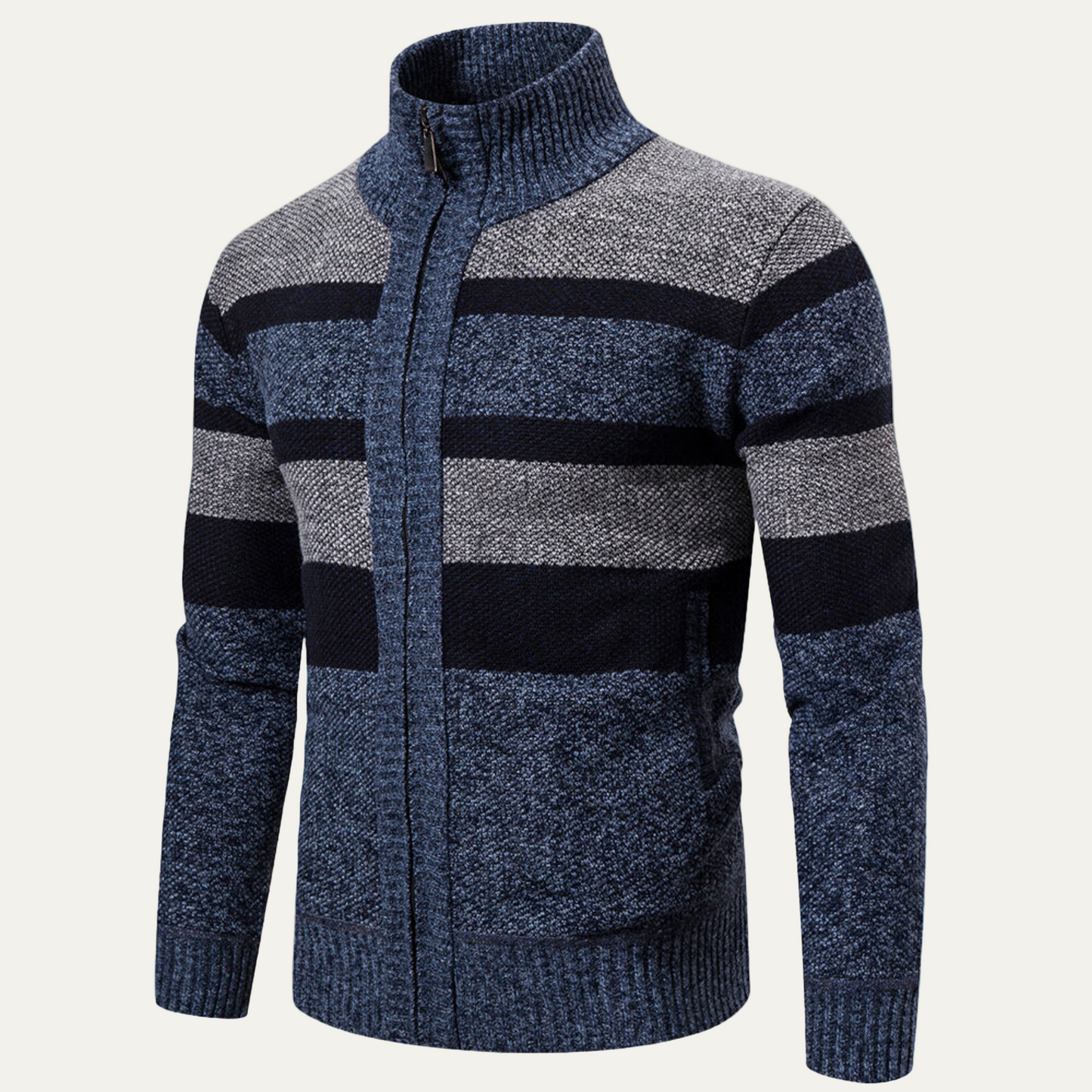 Men’s Knit Jacket – Regular Fit – Ribbed Mock Neck – Full Zip – Textured Stripes 0