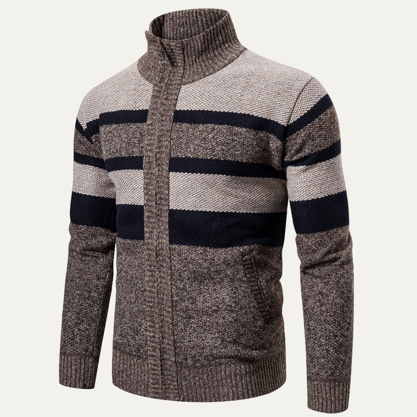 Men’s Knit Jacket – Regular Fit – Ribbed Mock Neck – Full Zip – Textured Stripes 1