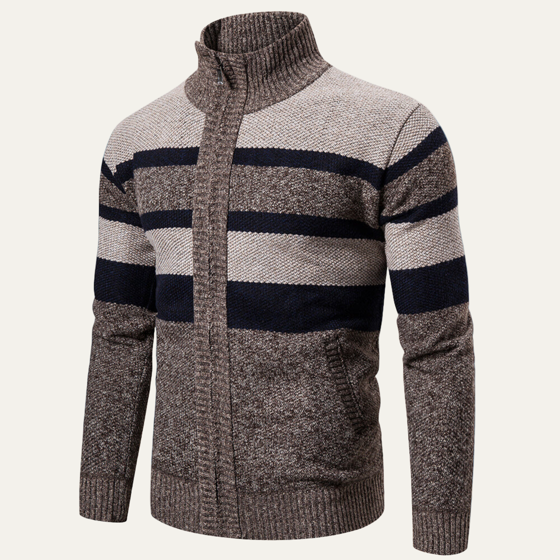 Men’s Knit Jacket – Regular Fit – Ribbed Mock Neck – Full Zip – Textured Stripes 1