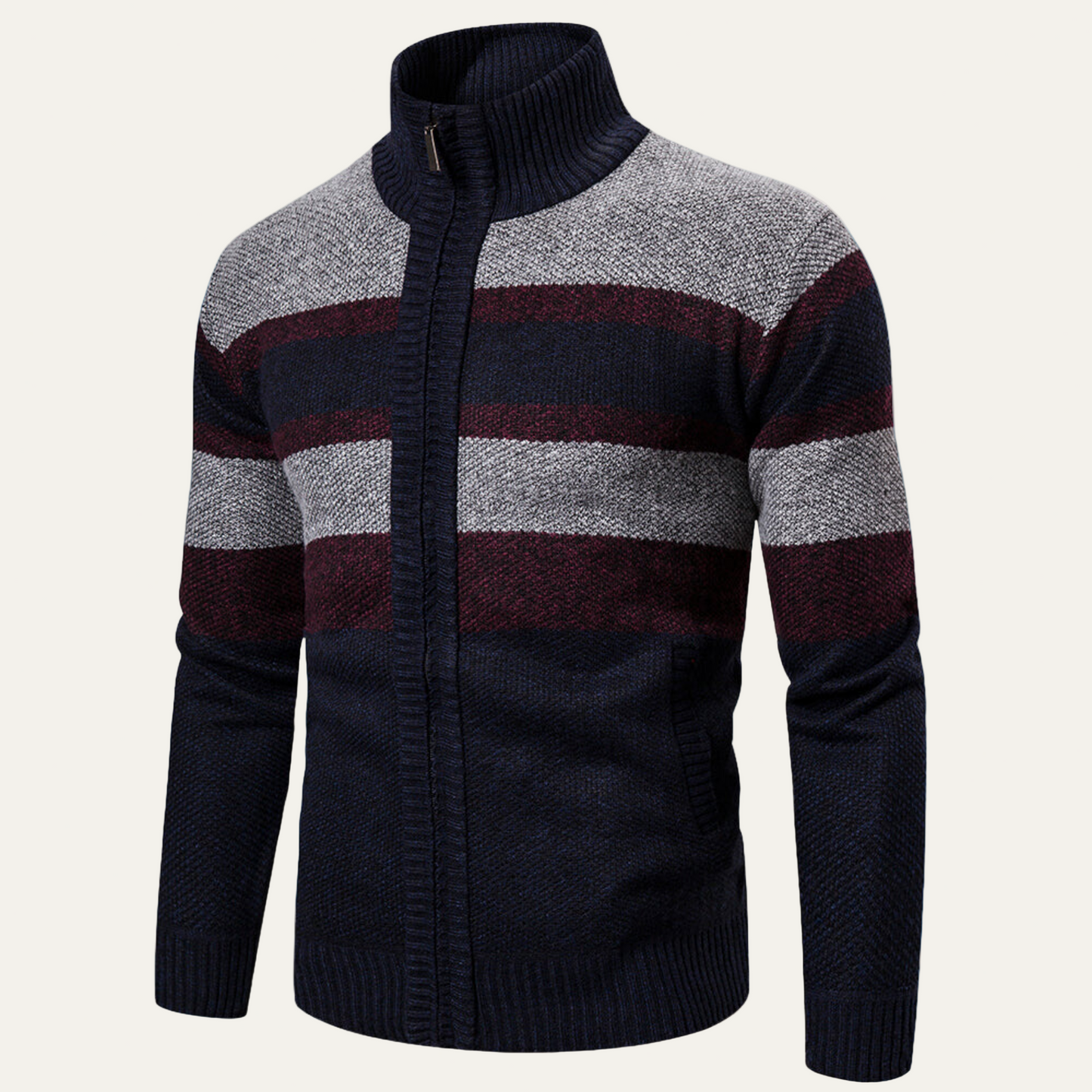 Men’s Knit Jacket – Regular Fit – Ribbed Mock Neck – Full Zip – Textured Stripes 2