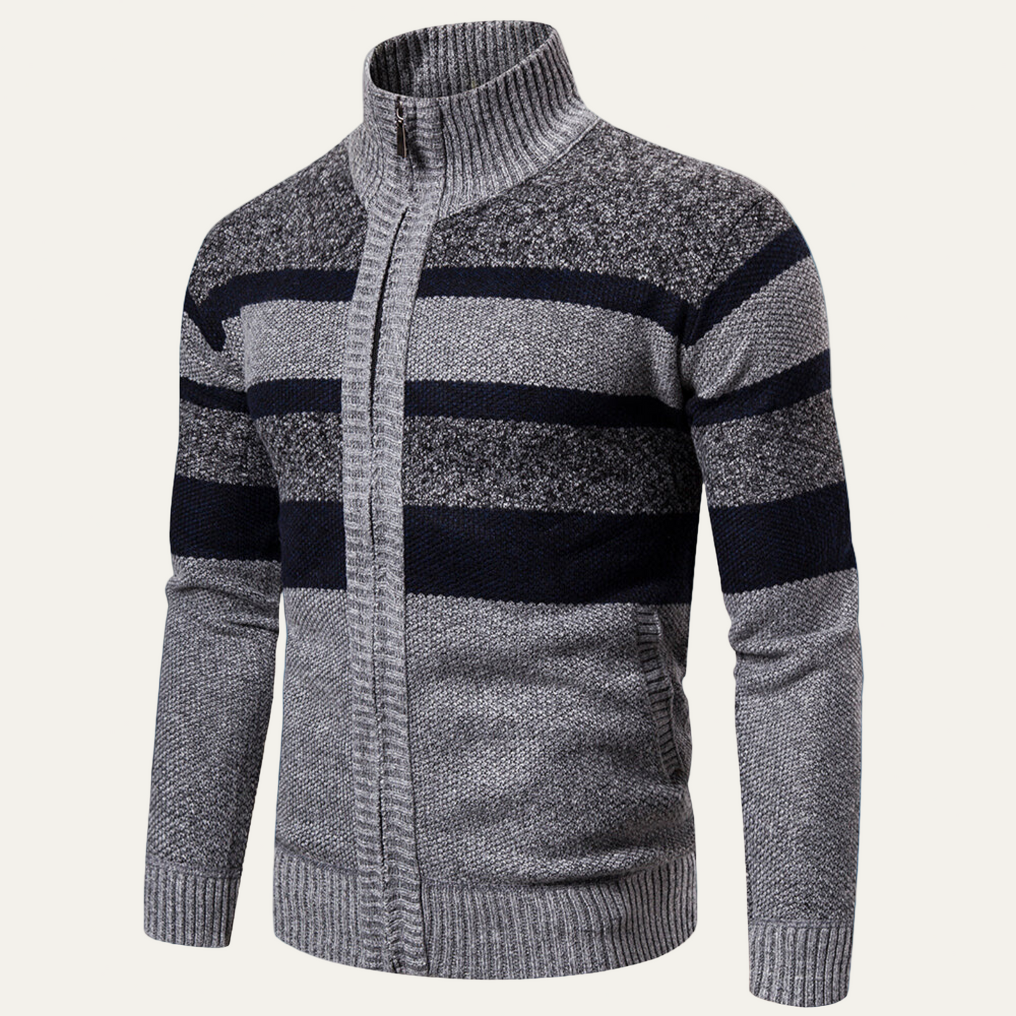 Men’s Knit Jacket – Regular Fit – Ribbed Mock Neck – Full Zip – Textured Stripes 3