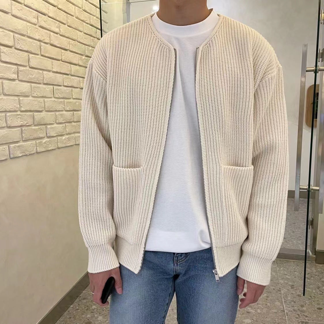 Classic Crew Neck Long Sleeve Cardigan Sweater - BritishElegance