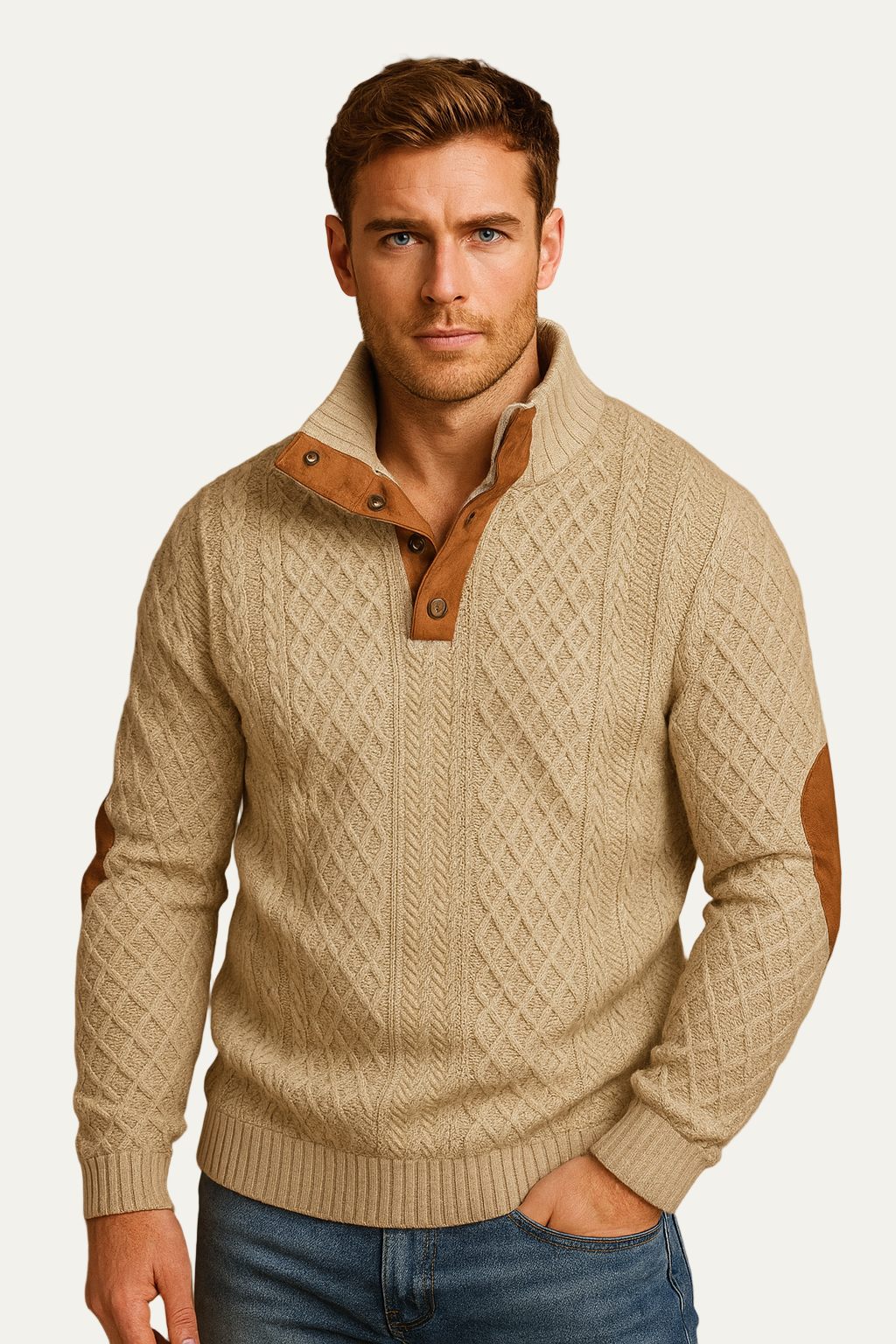Men’s Knitted Sweater – Classic Jacquard Design with Button Collar and Elbow Patches 0