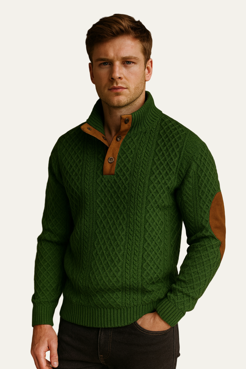 Men’s Knitted Sweater – Classic Jacquard Design with Button Collar and Elbow Patches 1