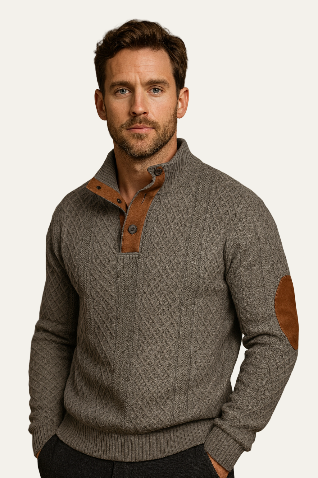 Men’s Knitted Sweater – Classic Jacquard Design with Button Collar and Elbow Patches 2