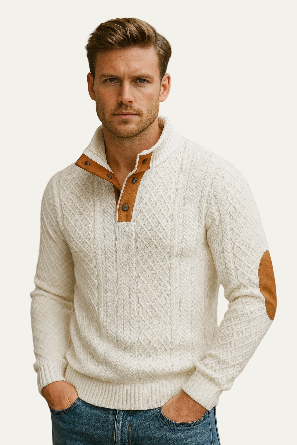 Men’s Knitted Sweater – Classic Jacquard Design with Button Collar and Elbow Patches 3