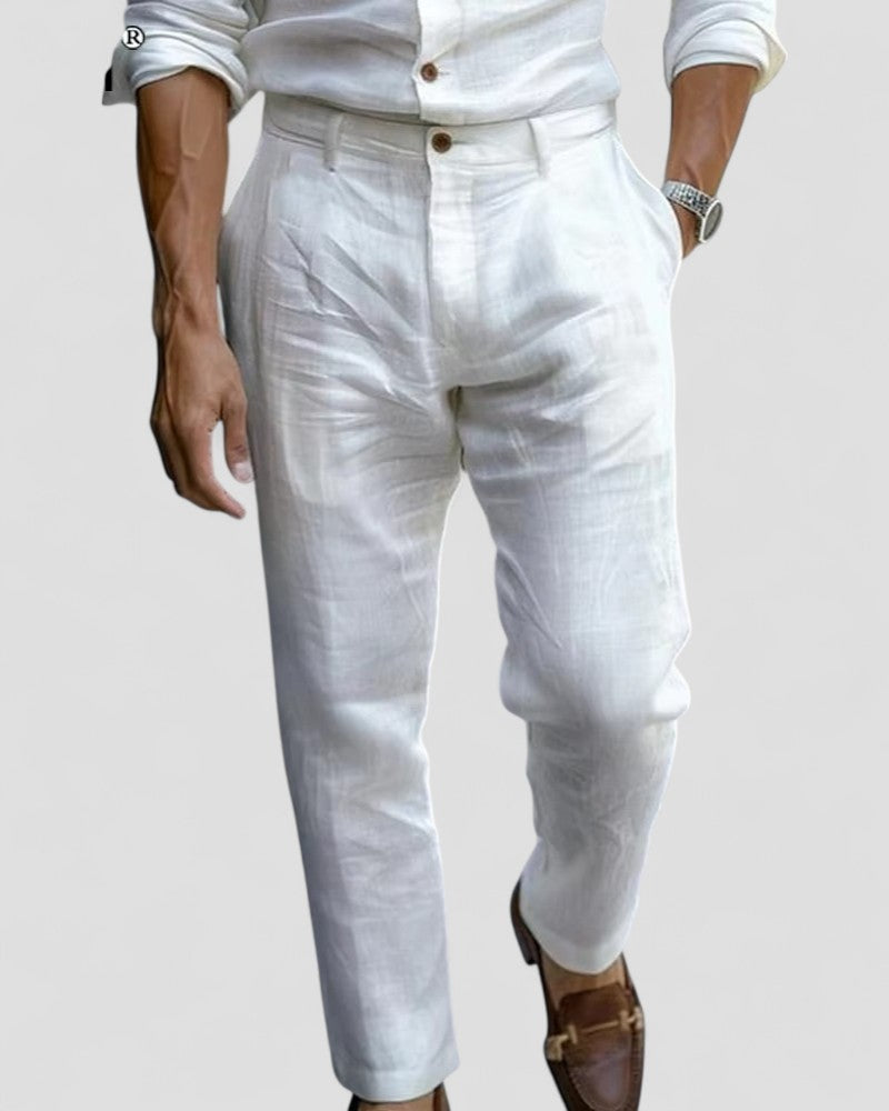 Men's Linen Blend Straight Fit Beach Trousers Ankle Length