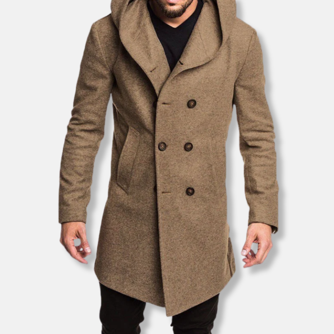 Men’s Long Coat – Slim Fit – Wool – Double-Breasted – Hooded Structured Style 0