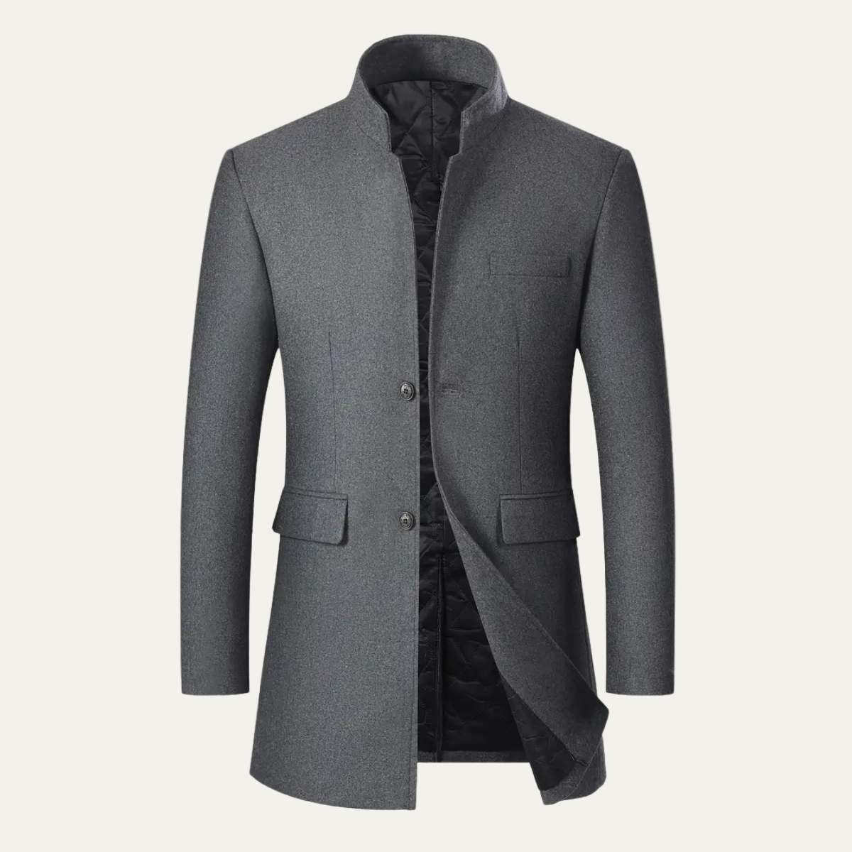 Men’s Long Winter Coat – Slim Fit Button-Up Jacket with Stand Collar 4