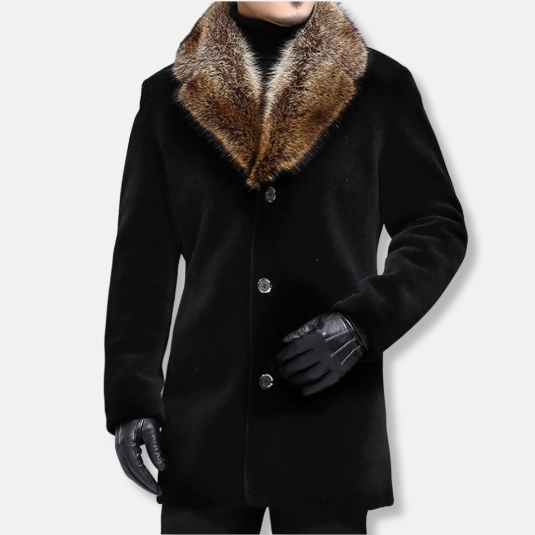 Men’s Mid-Length Coat – Structured Fit – Wool Feel – Fur Trim V-Collar – Button Front 0