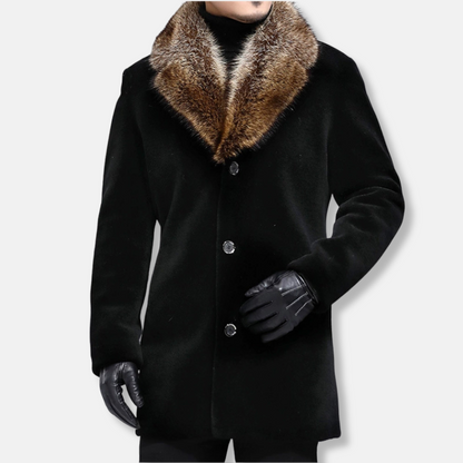 Men’s Mid-Length Coat – Structured Fit – Wool Feel – Fur Trim V-Collar – Button Front 0