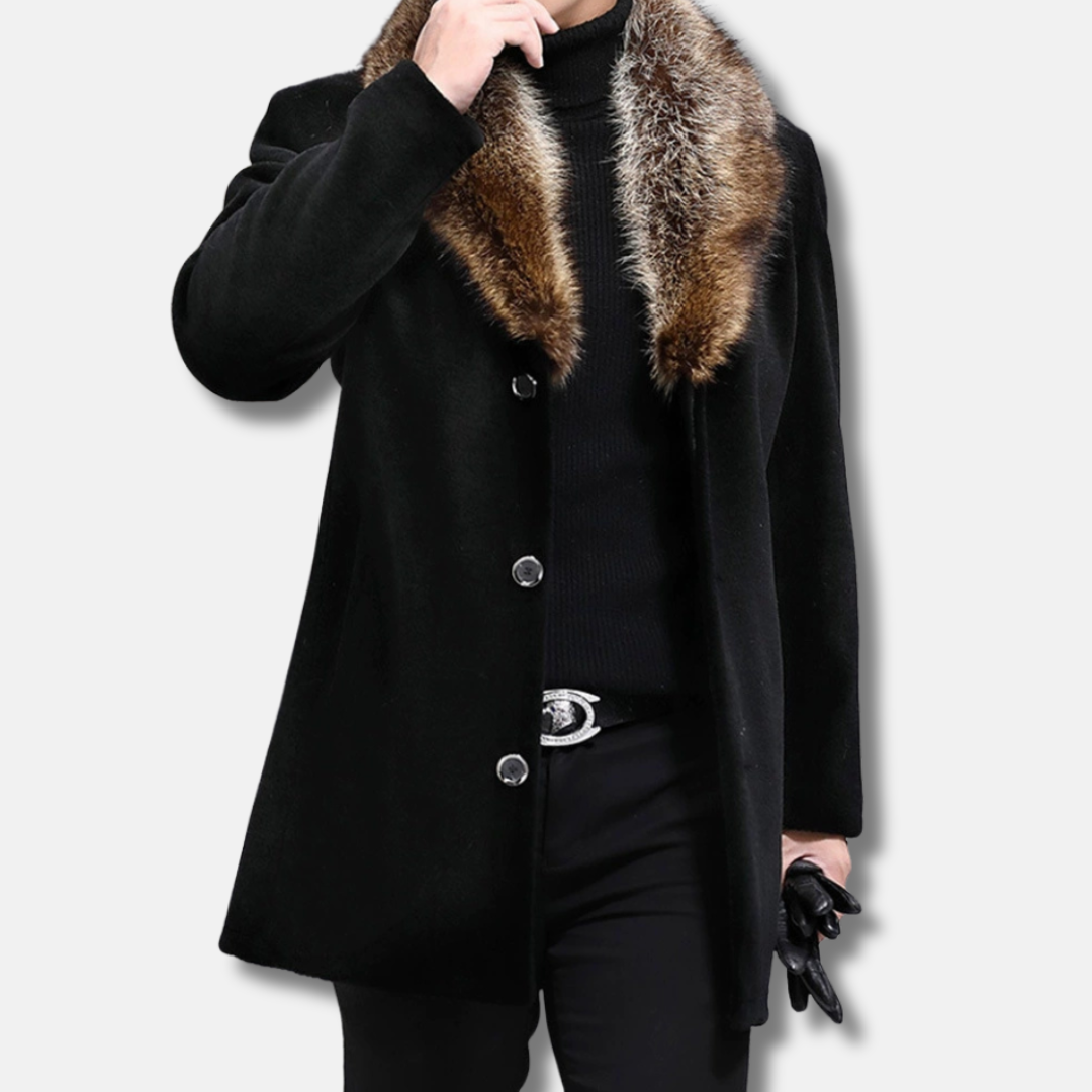 Men’s Mid-Length Coat – Structured Fit – Wool Feel – Fur Trim V-Collar – Button Front 1