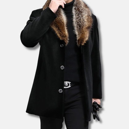 Men’s Mid-Length Coat – Structured Fit – Wool Feel – Fur Trim V-Collar – Button Front 1