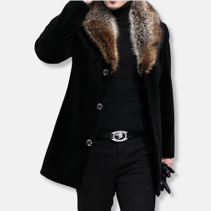 Men’s Mid-Length Coat – Structured Fit – Wool Feel – Fur Trim V-Collar – Button Front 2