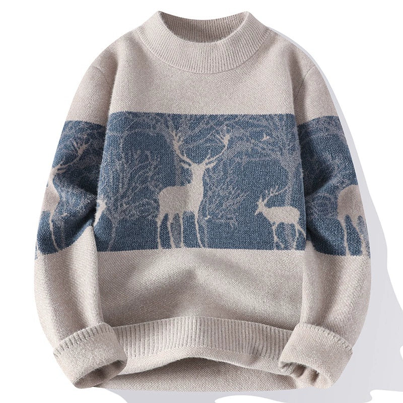 Men’s Pullover Sweater – Loose Fit – Wool Knit – Mock Neck – Deer Pattern – Ribbed Hem 0