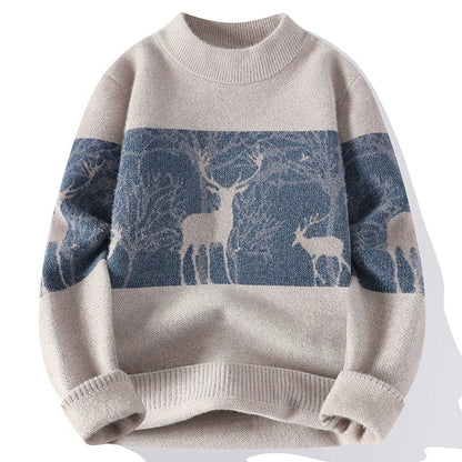 Men’s Pullover Sweater – Loose Fit – Wool Knit – Mock Neck – Deer Pattern – Ribbed Hem 0