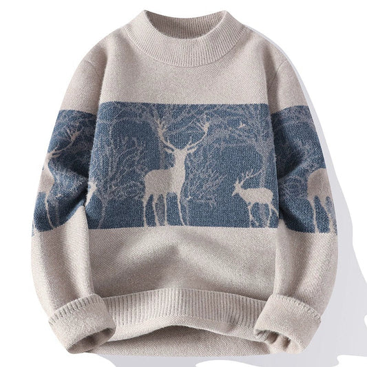 Men’s Pullover Sweater – Loose Fit – Wool Knit – Mock Neck – Deer Pattern – Ribbed Hem 0