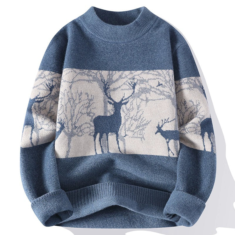 Men’s Pullover Sweater – Loose Fit – Wool Knit – Mock Neck – Deer Pattern – Ribbed Hem 1