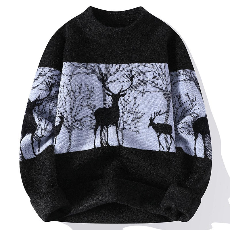 Men’s Pullover Sweater – Loose Fit – Wool Knit – Mock Neck – Deer Pattern – Ribbed Hem 2