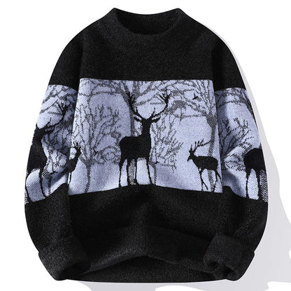 Men’s Pullover Sweater – Loose Fit – Wool Knit – Mock Neck – Deer Pattern – Ribbed Hem 2
