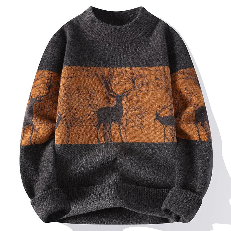 Men’s Pullover Sweater – Loose Fit – Wool Knit – Mock Neck – Deer Pattern – Ribbed Hem 3