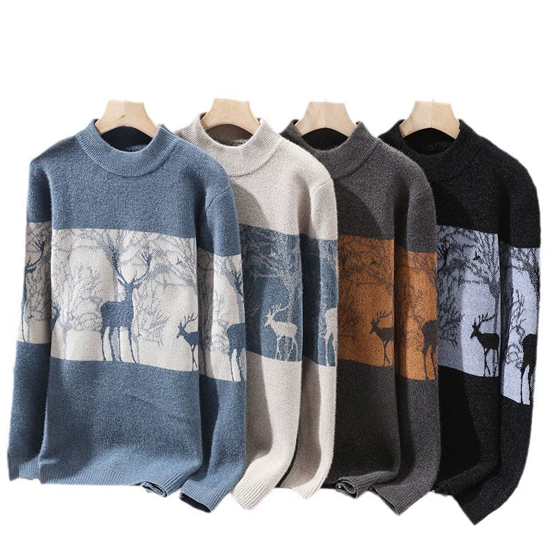 Men’s Pullover Sweater – Loose Fit – Wool Knit – Mock Neck – Deer Pattern – Ribbed Hem 4