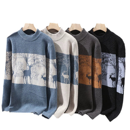 Men’s Pullover Sweater – Loose Fit – Wool Knit – Mock Neck – Deer Pattern – Ribbed Hem 4