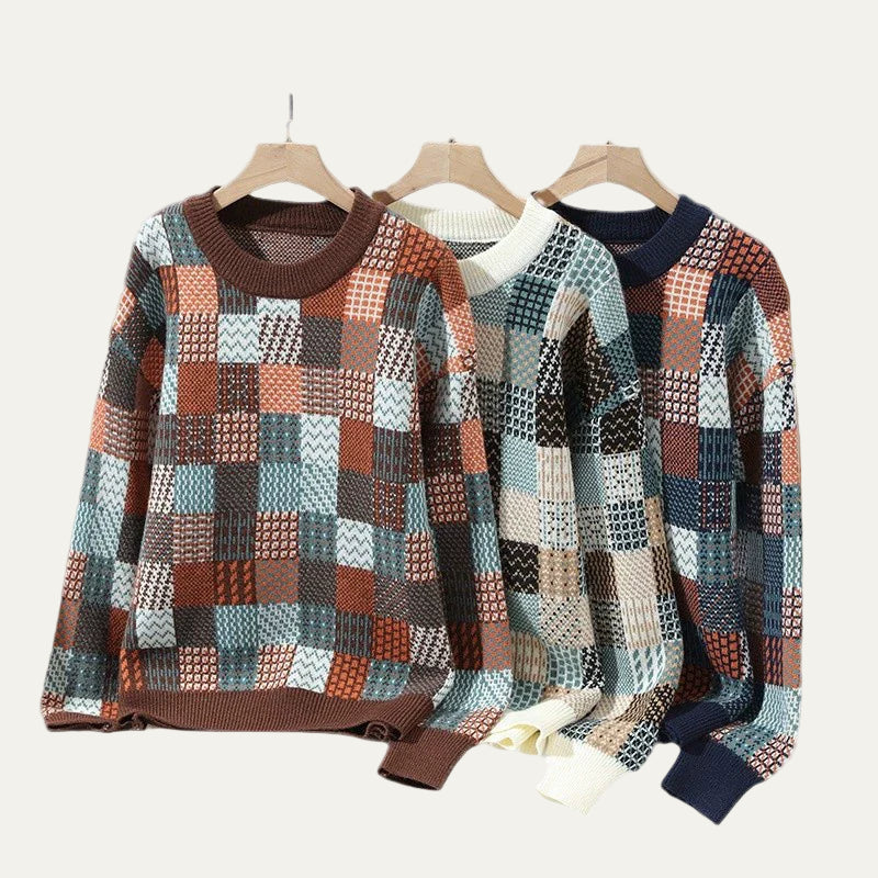 Men’s Pullover Sweater – Relaxed Fit – Knit Patchwork – Ribbed Crew Neck and Cuffs 3