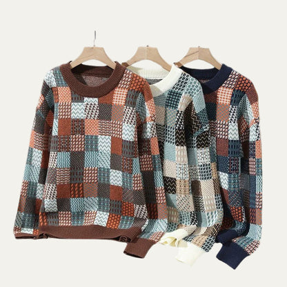 Men’s Pullover Sweater – Relaxed Fit – Knit Patchwork – Ribbed Crew Neck and Cuffs 3