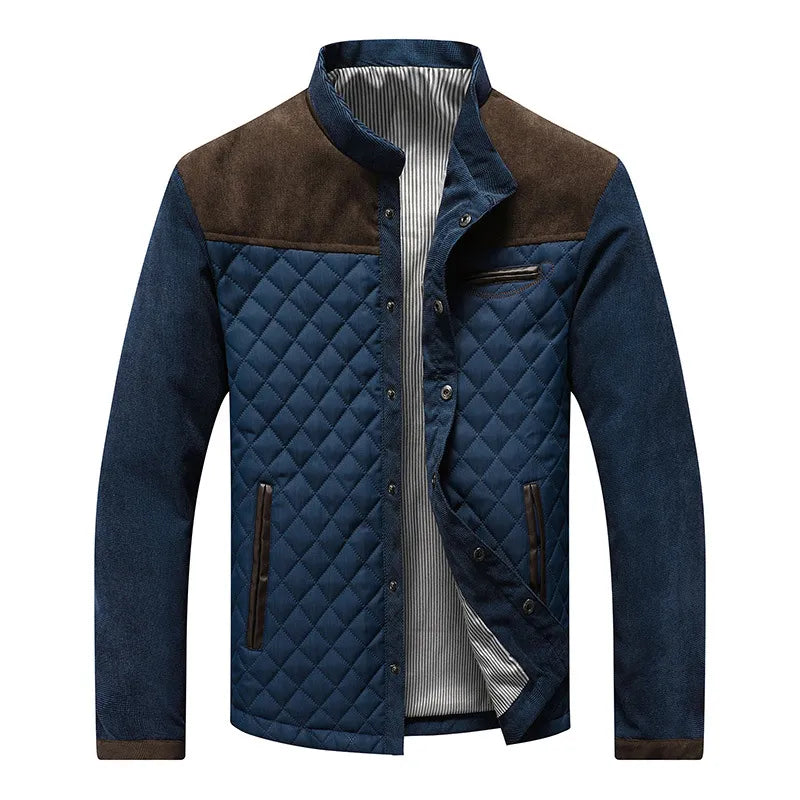 Men’s Quilted Stand Collar Jacket with Contrast Suede Shoulder Panels 0