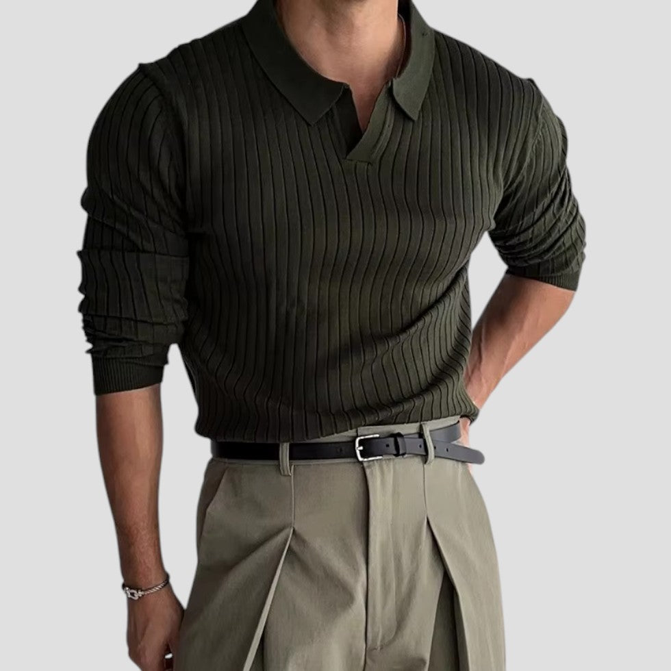 VogeLuxe | Men’s Ribbed Long-Sleeve Polo Shirt